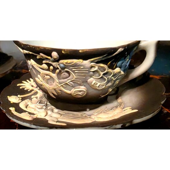 DRAGON Ware Black Moriage Tea Cup and Saucer Japan Demitasse Set Embossed Design - Picture 2 of 16